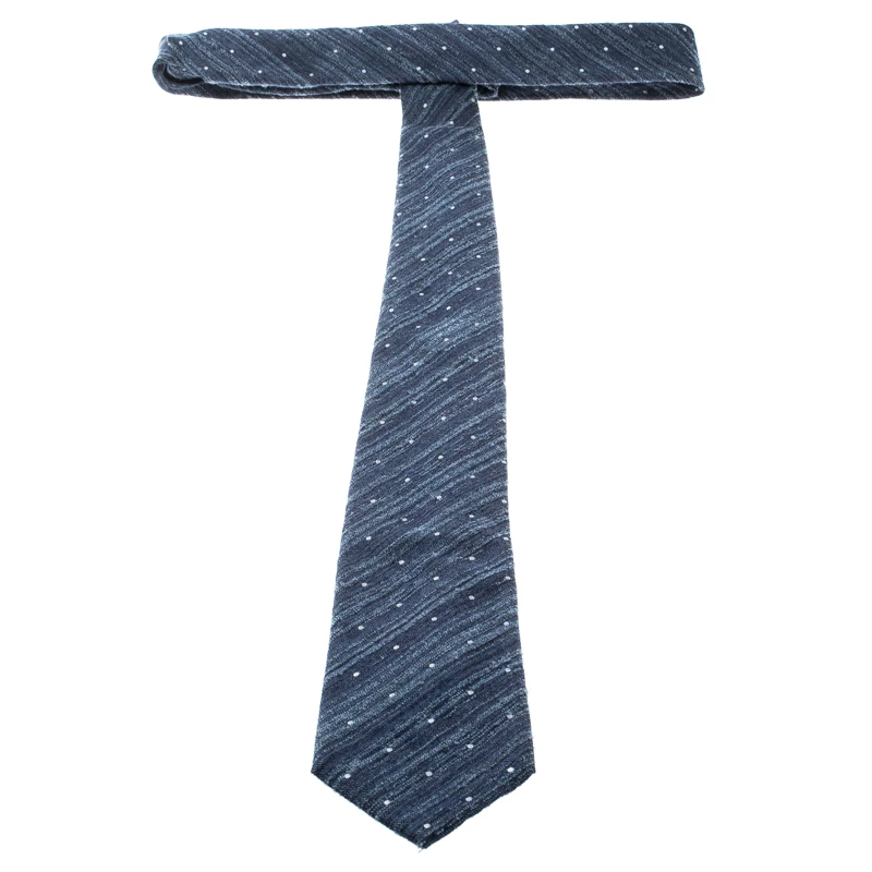 Emporio Armani Blue Textured Wool And Silk Dotted Tie For Men 5 Emporio Armani Blue Textured Wool And Silk Dotted Tie For Men - Image 3