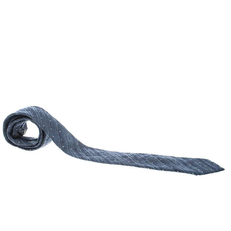 Emporio Armani Blue Textured Wool And Silk Dotted Tie For Men 3 Emporio Armani Blue Textured Wool And Silk Dotted Tie For Men