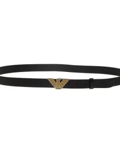Emporio Armani Black Leather Eagle Buckle One Size Belt For Men