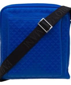 Emporio Armani Blue Leather Medium Messenger Bag For Men
