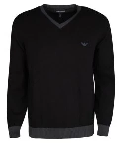 Emporio Armani Black Contrast Rib Trim And Elbow Patch Detail V Neck Sweater M For Men