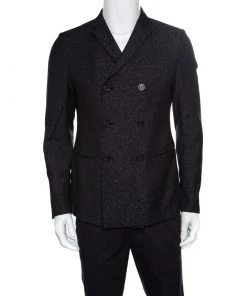 Emporio Armani Dark Grey Patterned Jacquard Wool Double Breasted Blazer M For Men