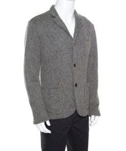 Emporio Armani Grey Textured Chunky Knit Wool Blend Jacket L For Men -Emporio Armani sale luxury men emporio armani new clothes p158460 0002