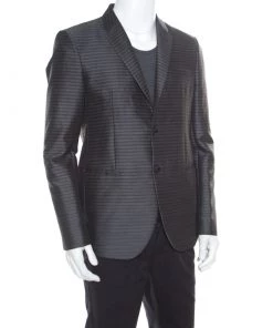 Emporio Armani Grey Horizontal Striped Wool And Cotton Two Button Blazer XL For Men -Emporio Armani sale luxury men emporio armani new clothes p168320 005