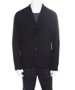 Emporio Armani Black Lattice Embossed Cotton Shawl Lapel Blazer XXL For Men