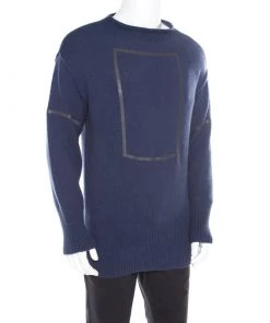 Emporio Armani Blue Square Patterned Tape Detail Alpaca Sweater M For Men -Emporio Armani sale luxury men emporio armani new clothes p184110 005