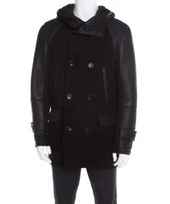 Emporio Armani Black Chunky Knit Leather Paneled Hooded Double Breasted Jacket XL For Men -Emporio Armani sale luxury men emporio armani new clothes p194049 001