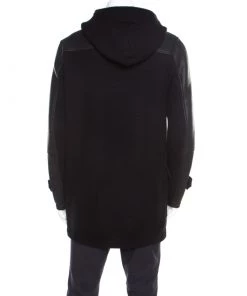 Emporio Armani Black Chunky Knit Leather Paneled Hooded Double Breasted Jacket XL For Men -Emporio Armani sale luxury men emporio armani new clothes p194049 007