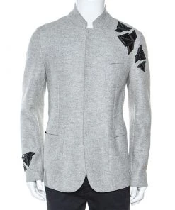 Emporio Armani Grey Wool Cut Out Detail Mandarin Collar Jacket XL For Men