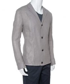 Emporio Armani Grey Linen & Cotton Leno Mesh Jacket XXL For Men -Emporio Armani sale luxury men emporio armani new clothes p333783 003