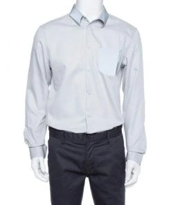 Emporio Armani Grey Textured Cotton Contrast Trim Shirt XL For Men