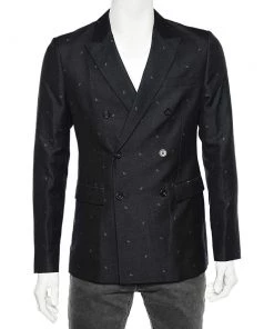 Emporio Armani Black Printed Wool Double Breasted Blazer M For Men