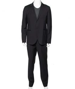 Emporio Armani Dark Blue Pinstriped Wool Single Breasted Suit XXL For Men