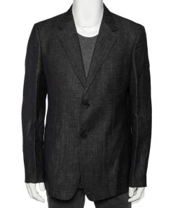 Emporio Armani Charcoal Grey Wool & Linen Single Breasted Blazer XXL For Men