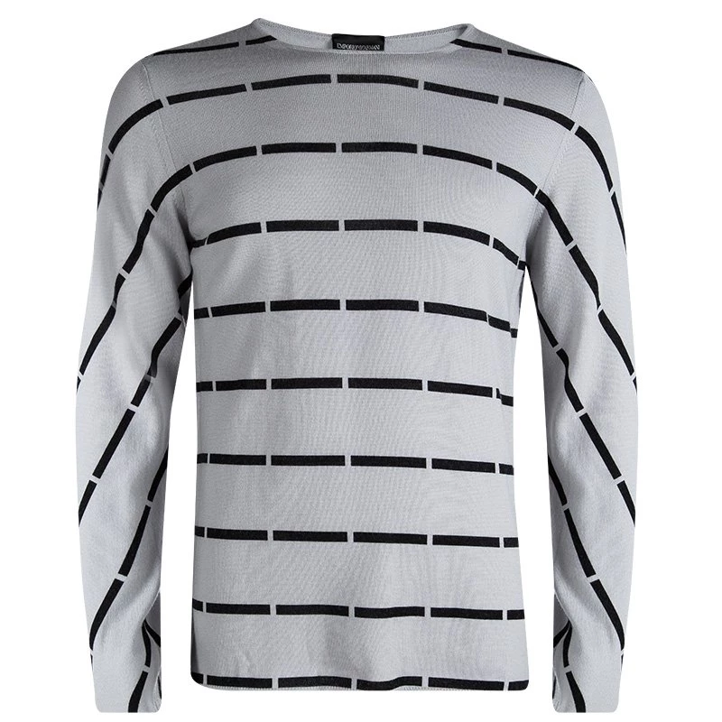 Emporio Armani Grey Wool Striped Sweater XL For Men 3 Emporio Armani Grey Wool Striped Sweater XL For Men