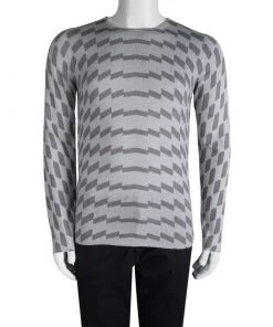 Emporio Armani Grey Wool Geometric Pattern Sweater S For Men -Emporio Armani sale luxury men emporio armani new clothes p87640 002