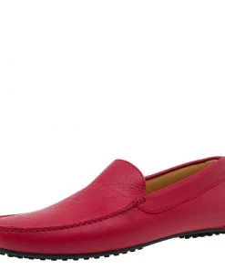 Emporio Armani Red Leather Logo Embossed Loafers Size 43.5 For Men