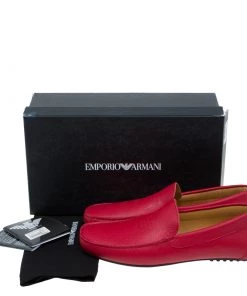 Emporio Armani Red Leather Logo Embossed Loafers Size 43.5 For Men -Emporio Armani sale luxury men emporio armani new shoes p60931 0012