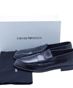 Emporio Armani Black Studded Leather Penny Loafers Size 43 For Men -Emporio Armani sale luxury men emporio armani new shoes p80560 008
