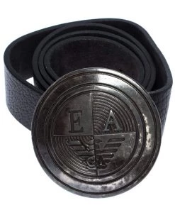 Emporio Armani Black Leather Logo Round Buckle Belt 130CM For Men -Emporio Armani sale luxury men emporio armani used accessories p261507 005