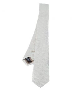 Emporio Armani Ivory Silk Zig Zag Embossed Skinny Tie For Men