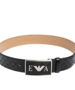 Emporio Armani Black Monogram Leather Buckle Belt Size 48 For Men