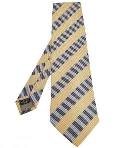 Emporio Armani Vintage Yellow & Grey Stripe Print Silk Tie For Men
