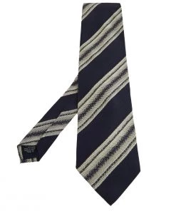 Emporio Armani Vintage Navy Blue Striped Silk Tie For Men