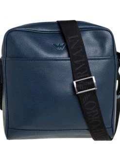 Emporio Armani Blue Leather Messenger Bag For Men