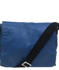 Emporio Armani Blue Leather Logo Print Messenger Bag For Men