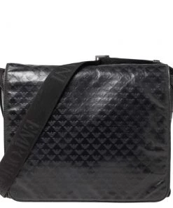 Emporio Armani Black Logo Embossed Leather Messenger Bag For Men