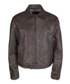 Emporio Armani Brown Embossed Leather Zip Front Jacket XL For Men