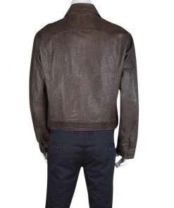 Emporio Armani Brown Embossed Leather Zip Front Jacket XL For Men -Emporio Armani sale luxury men emporio armani used clothes p127853 0003