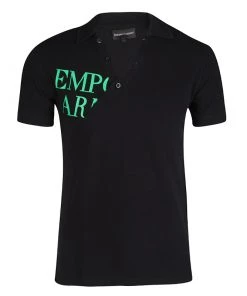 Emporio Armani Black Honeycomb Knit Asymmetric Detail Printed Polo T-Shirt L For Men