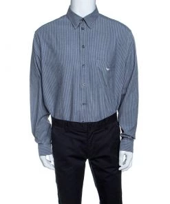 Emporio Armani Grey And Blue Chevron Pattern Striped Long Sleeve Shirt 3XL For Men