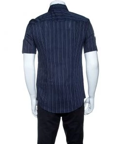 Emporio Armani Navy Blue Striped Cotton Short Sleeve Button Front Shirt L For Men -Emporio Armani sale luxury men emporio armani used clothes p142613 0003
