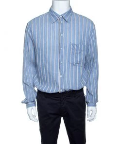 Emporio Armani Blue And Beige Striped Cotton And Hemp Long Sleeve Shirt L For Men