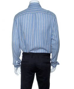 Emporio Armani Blue And Beige Striped Cotton And Hemp Long Sleeve Shirt L For Men -Emporio Armani sale luxury men emporio armani used clothes p142868 0003