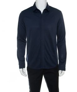 Emporio Armani Navy Blue Jacquard Knit Long Sleeve Shirt M For Men