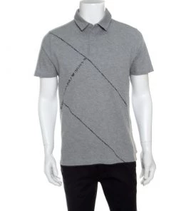 Emporio Armani Grey Honeycomb Knit Logo Printed Polo T-Shirt L For Men