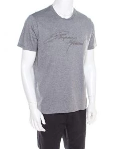 Emporio Armani Grey Logo Embroidered Cotton Jersey Crew Neck T-Shirt L For Men -Emporio Armani sale luxury men emporio armani used clothes p186516 004