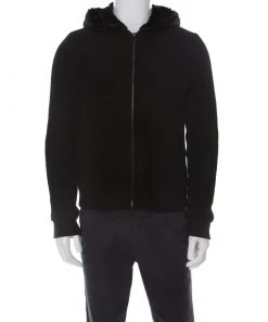 Emporio Armani Black Waffle Knit Fur Lined Zip Front Hoodie M For Men