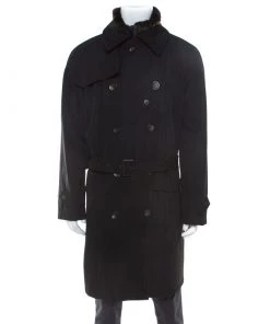 Emporio Armani Black Wool Blend Fur Lined Quilted Vest Detail Overcoat XXL For Men