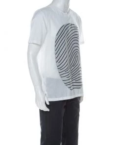 Emporio Armani White Cotton Blend Fingerprint Printed V Slit Neck T-shirt M For Men -Emporio Armani sale luxury men emporio armani used clothes p224664 006