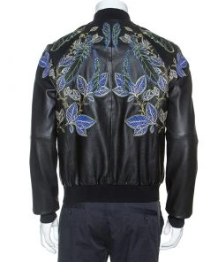 Emporio Armani Black Embroidered Lamb Leather Bomber Jacket XL For Men -Emporio Armani sale luxury men emporio armani used clothes p253512 004