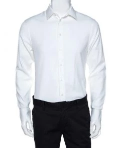 Emporio Armani White Textured Cotton Long Sleeve Shirt L For Men