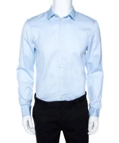Emporio Armani Light Blue Striped Cotton Long Sleeve Shirt M For Men