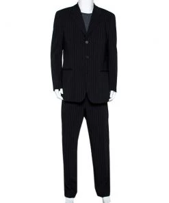 Emporio Armani Black Pin Striped Wool Blend Tailored Suit XXL For Men