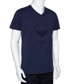 Emporio Armani Navy Blue Logo Borgonuovo Print Cotton T-Shirt XXL For Men -Emporio Armani sale luxury men emporio armani used clothes p297200 007