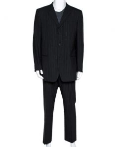 Emporio Armani Black Pinstriped Wool Blend Tailored Suit XXXL For Men